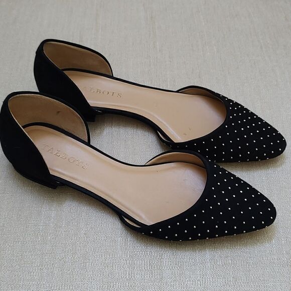 Talbot's Black Suede Leather Gold Studded Flats Size 7.5M - Picture 1 of 12
